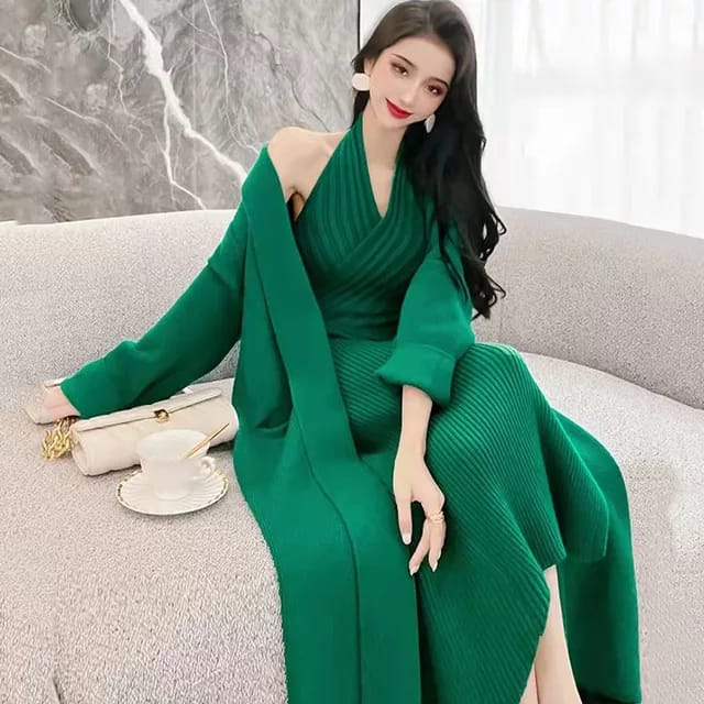 2pc sweater halter dress and jacket set