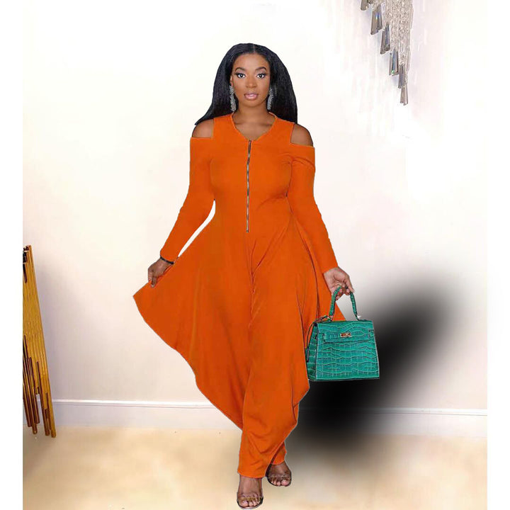 Ladies Solid Color Off Shoulder Long Sleeve Fashion Loose Jumpsuit