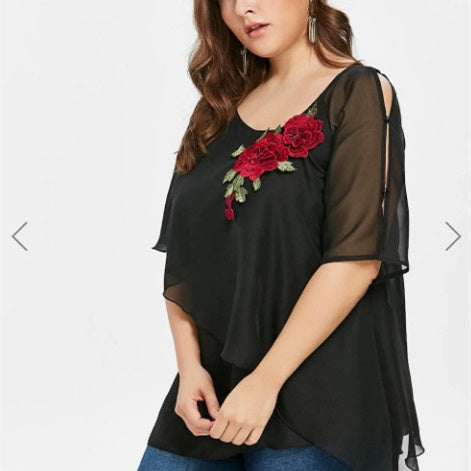 Embroidered Surplice Chiffon Top