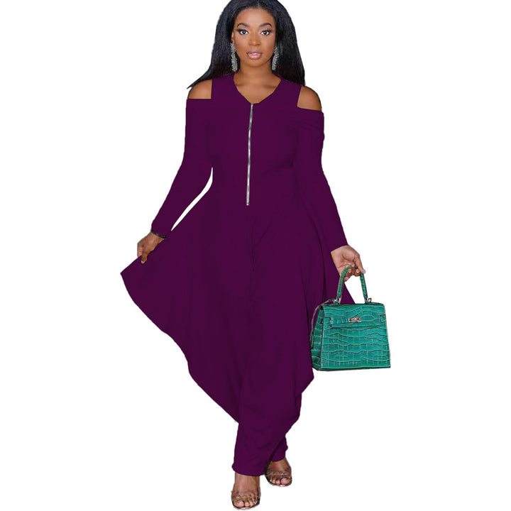 Ladies Solid Color Off Shoulder Long Sleeve Fashion Loose Jumpsuit