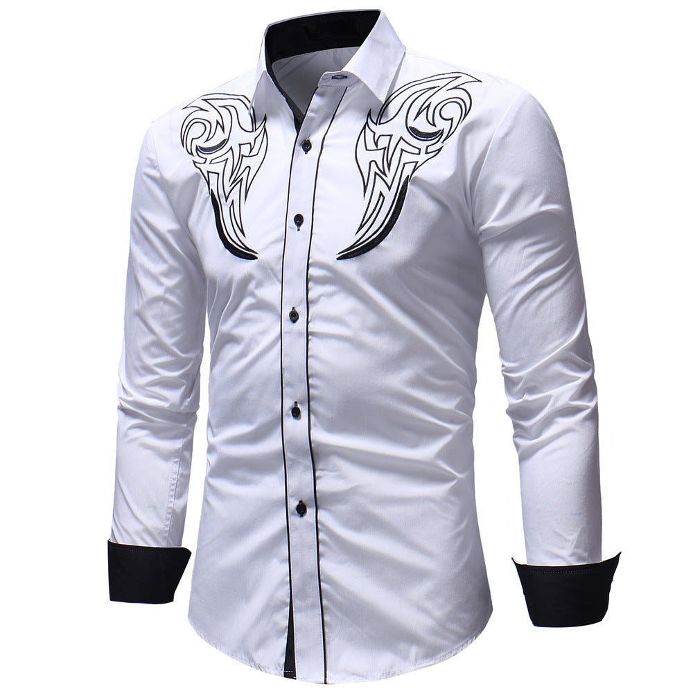 Casual Embroidery Printed Long Lapel Men Shirt