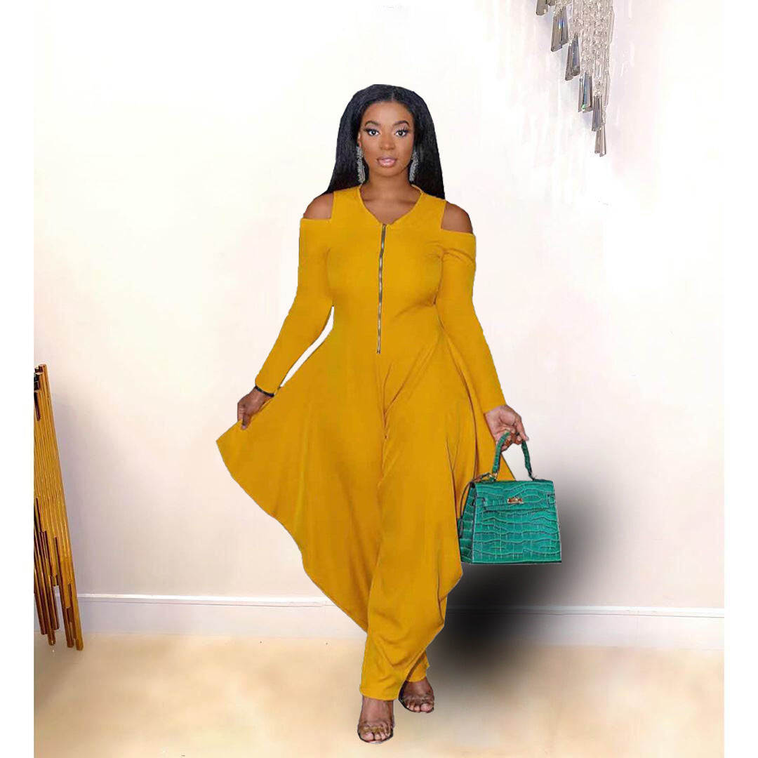 Ladies Solid Color Off Shoulder Long Sleeve Fashion Loose Jumpsuit