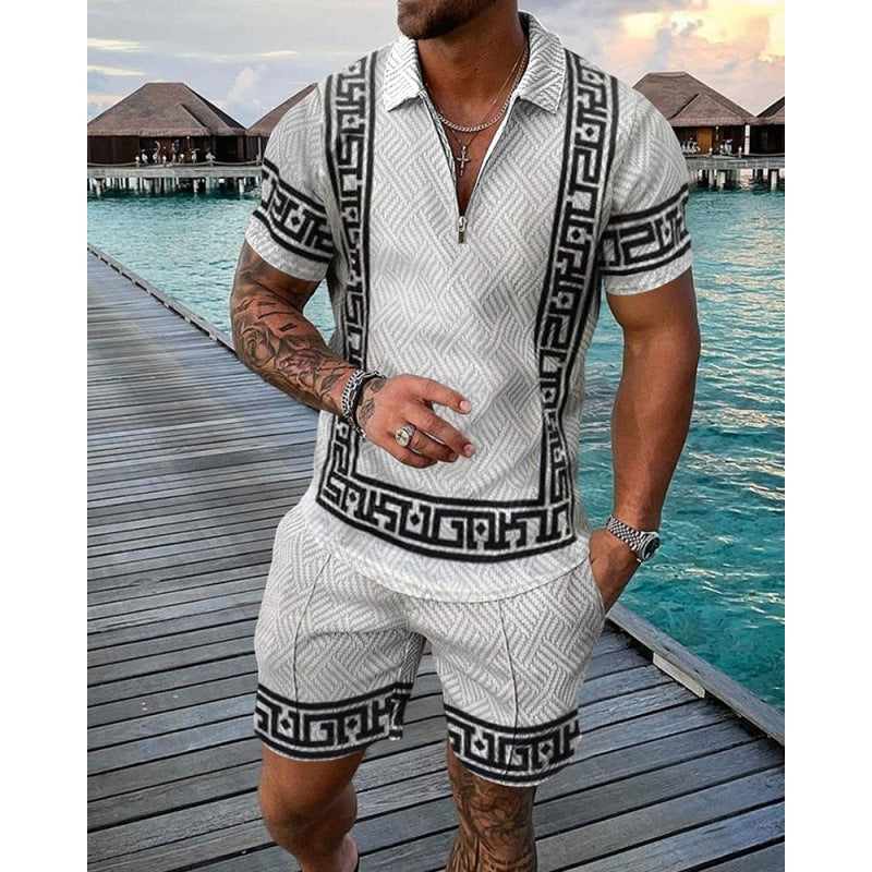 Short Sleeve Casual Striped Zip-Up POLO Shirt Men's Shorts Set