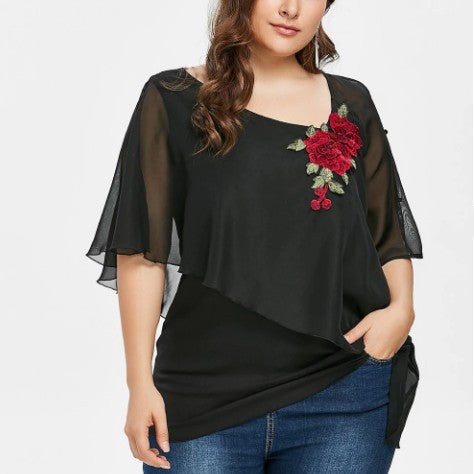 Embroidered Surplice Chiffon Top